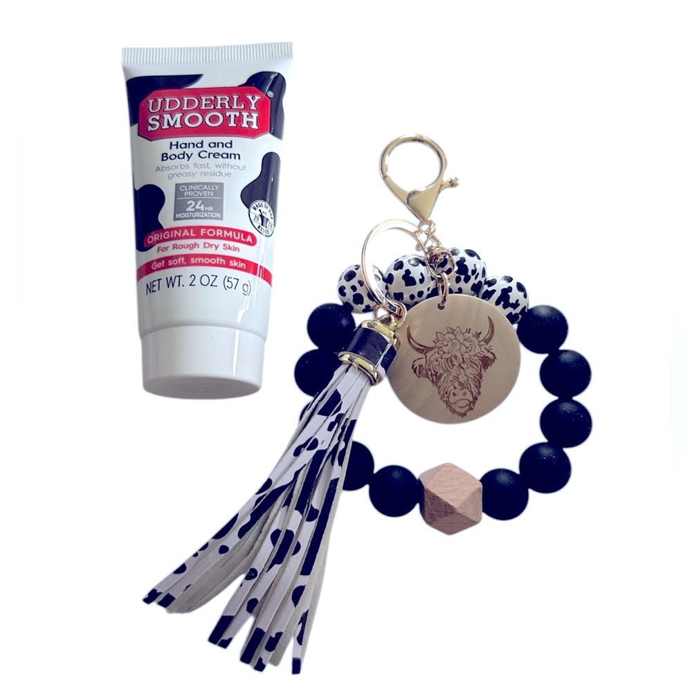 Cow Theme Bag Charm & Udderly Smooth Travel Lotion Set
